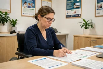 Femme en situation de handicap en fauteuil roulant consultant des documents administratifs sur le cumul AAH et chômage dans un bureau de service social