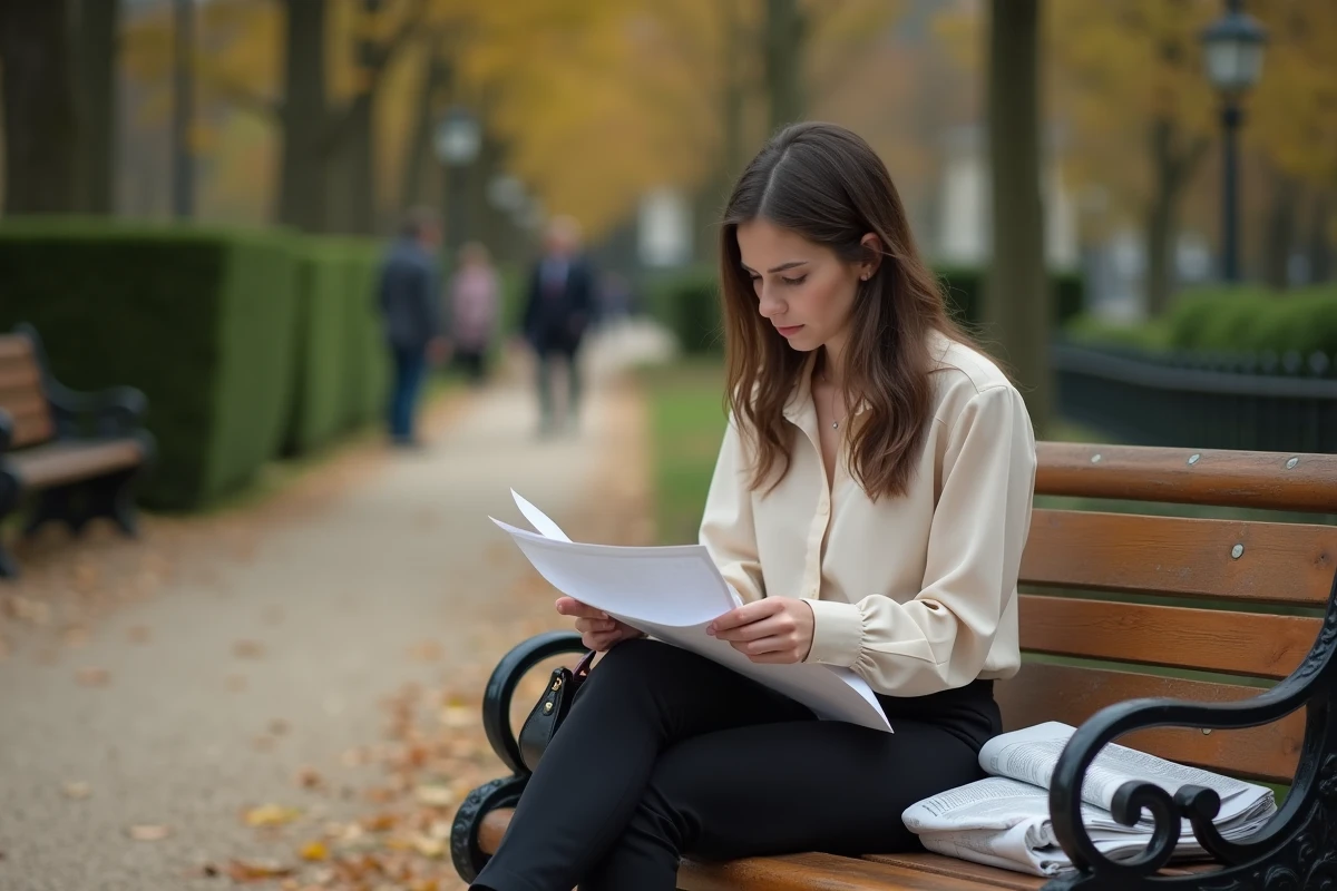 Femme réfléchie dans un jardin parisien avec des documents, évoquant la vie privée sous pression dans un couple politique