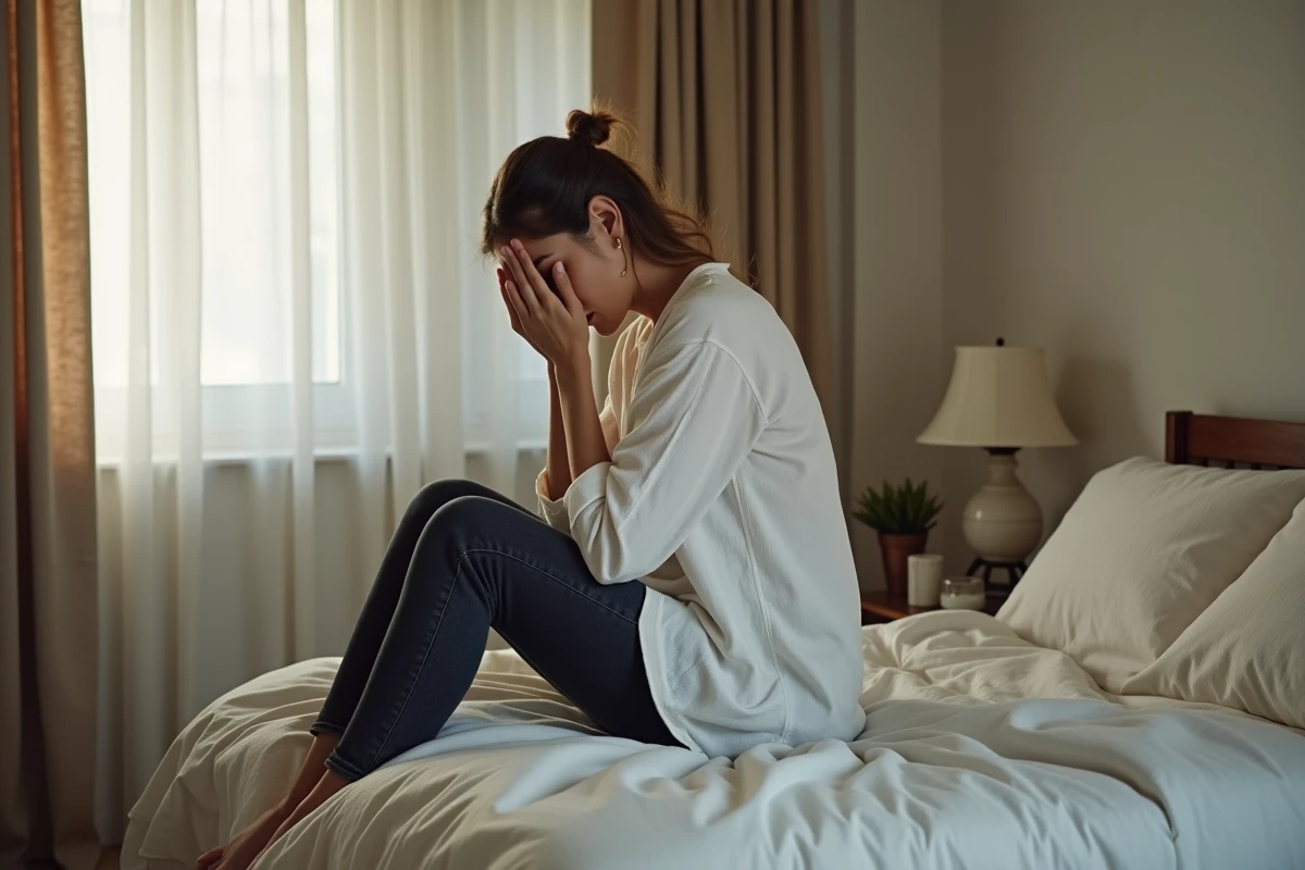 Femme assise seule sur un lit défait, tête baissée, exprimant la lassitude émotionnelle liée à une relation amoureuse sans issue