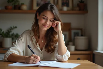 Femme lisant une lettre dans une maison chaleureuse