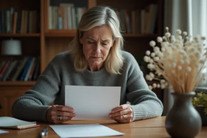 Femme tenant une enveloppe blanche à son bureau en bois pour rédiger une lettre de condoléances