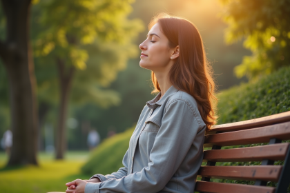 Jeune femme assise dans un parc respire profondément