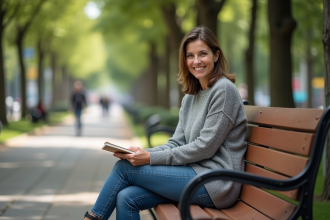 Femme assise sur un banc de parc en ville en pleine réflexion