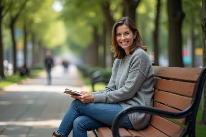 Femme assise sur un banc de parc en ville en pleine réflexion