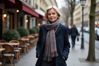 Femme élégante en manteau navy dans une rue parisienne