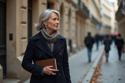 Femme réfléchie dans une rue parisienne automnale