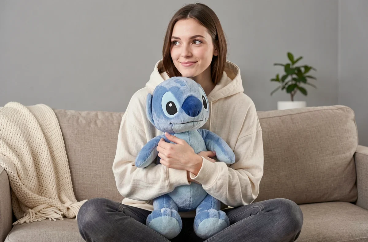 Jeune femme tenant une grande peluche Stitch respirante contre elle sur un canapé beige