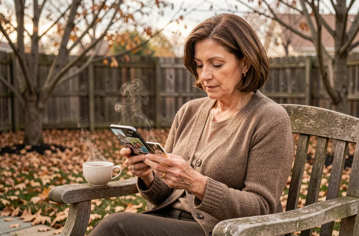 Femme regardant des photos de famille sur son téléphone en hommage à son père décédé lors de son anniversaire