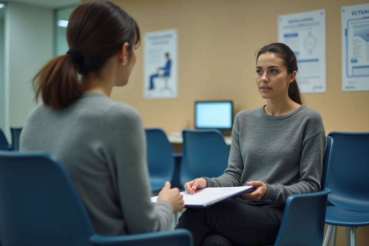 Femme en salle d'attente de Pôle emploi tenant un dossier administratif, illustrant les démarches pour le congé maternité après un CDD