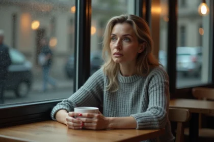Femme seule dans un café, regard perdu dans le vide, illustrant l'attente émotionnelle dans une relation avec un homme marié