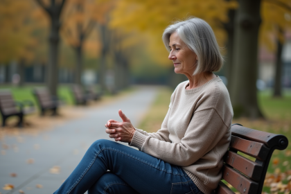Femme assise seule sur un banc de parc en automne