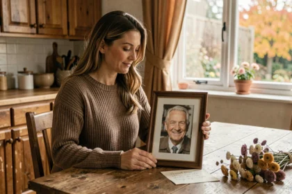 Femme tenant une photo encadrée de son père décédé à une table en bois, expression émue et mélancolique