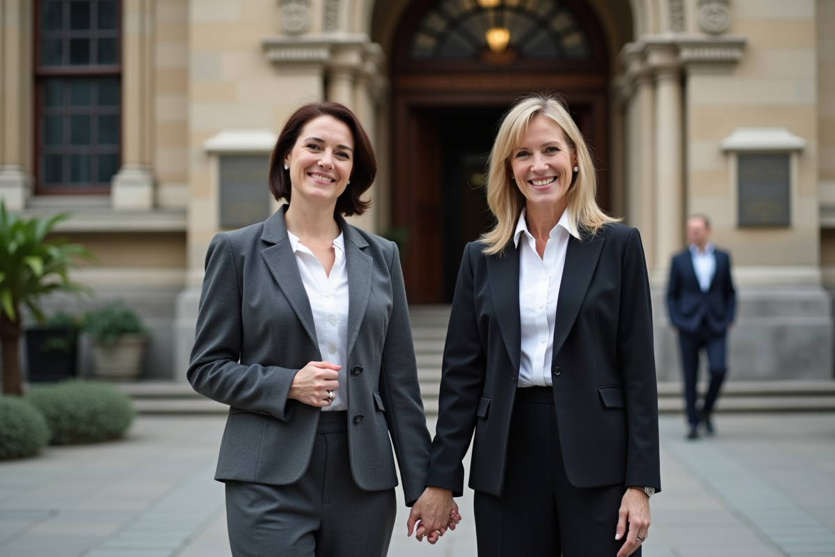 Deux femmes souriantes après leur mariage civil devant la mairie