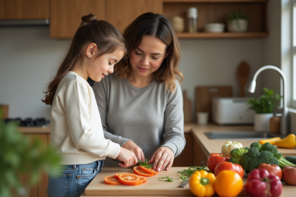 Jeune fille aidant sa mère à éplucher des légumes dans la cuisine