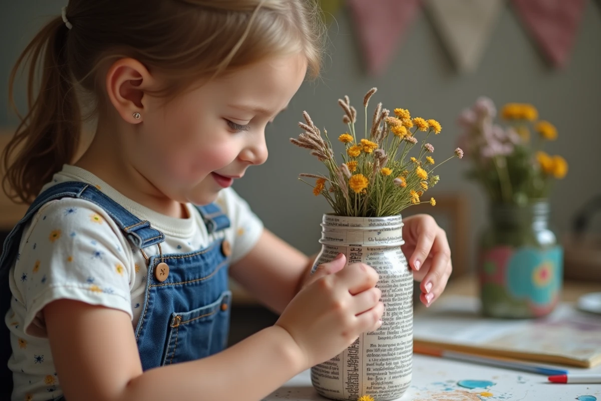 Jeune fille décorant un vase fait maison avec des matériaux recyclés