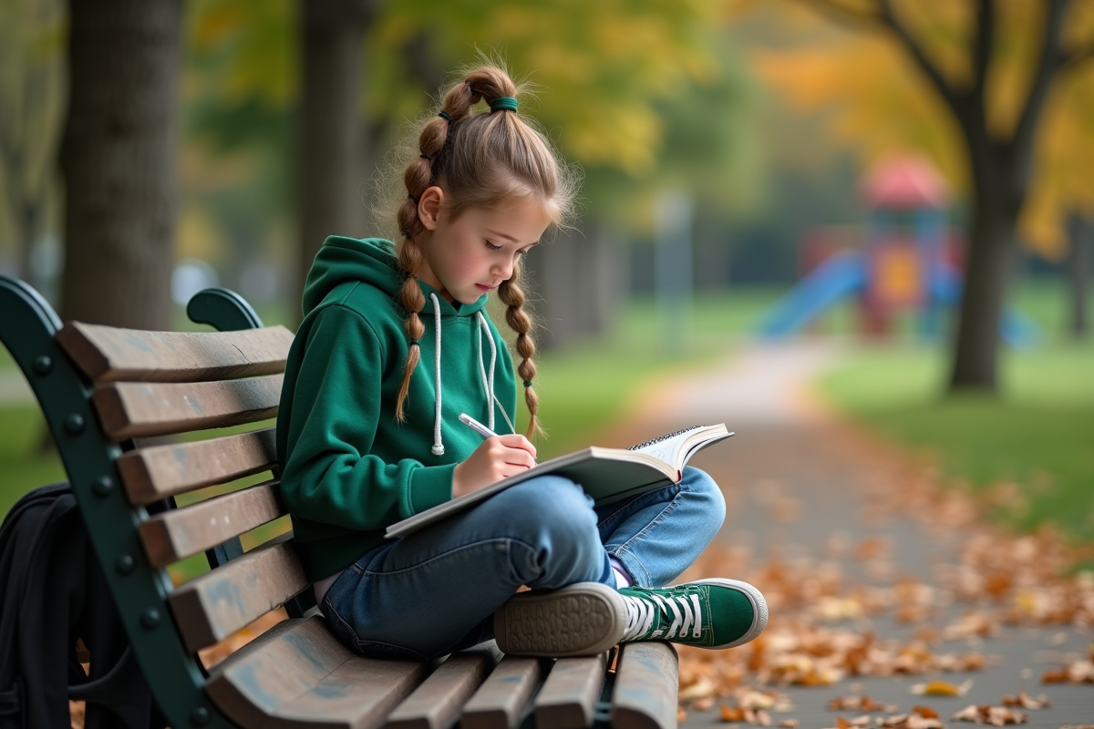 Fille de 12 ans lisant dans un parc après l