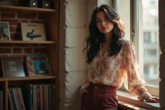 Jeune femme aux traits expressifs dans un appartement parisien vintage, évoquant l'héritage artistique entre mère et fille