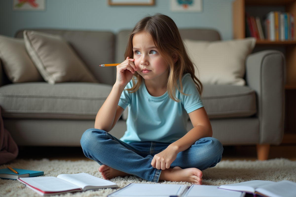 Fille de onze ans assise sur le tapis avec livres