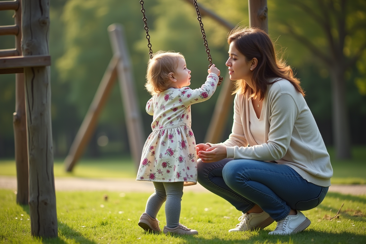 Fille de deux ans regardant une balançoire dans un parc