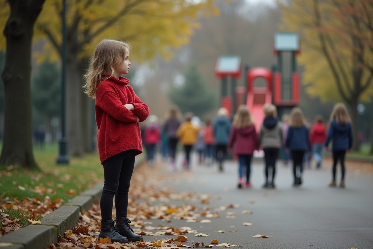 Fille de 10 ans observant le terrain de jeu avec anxiete