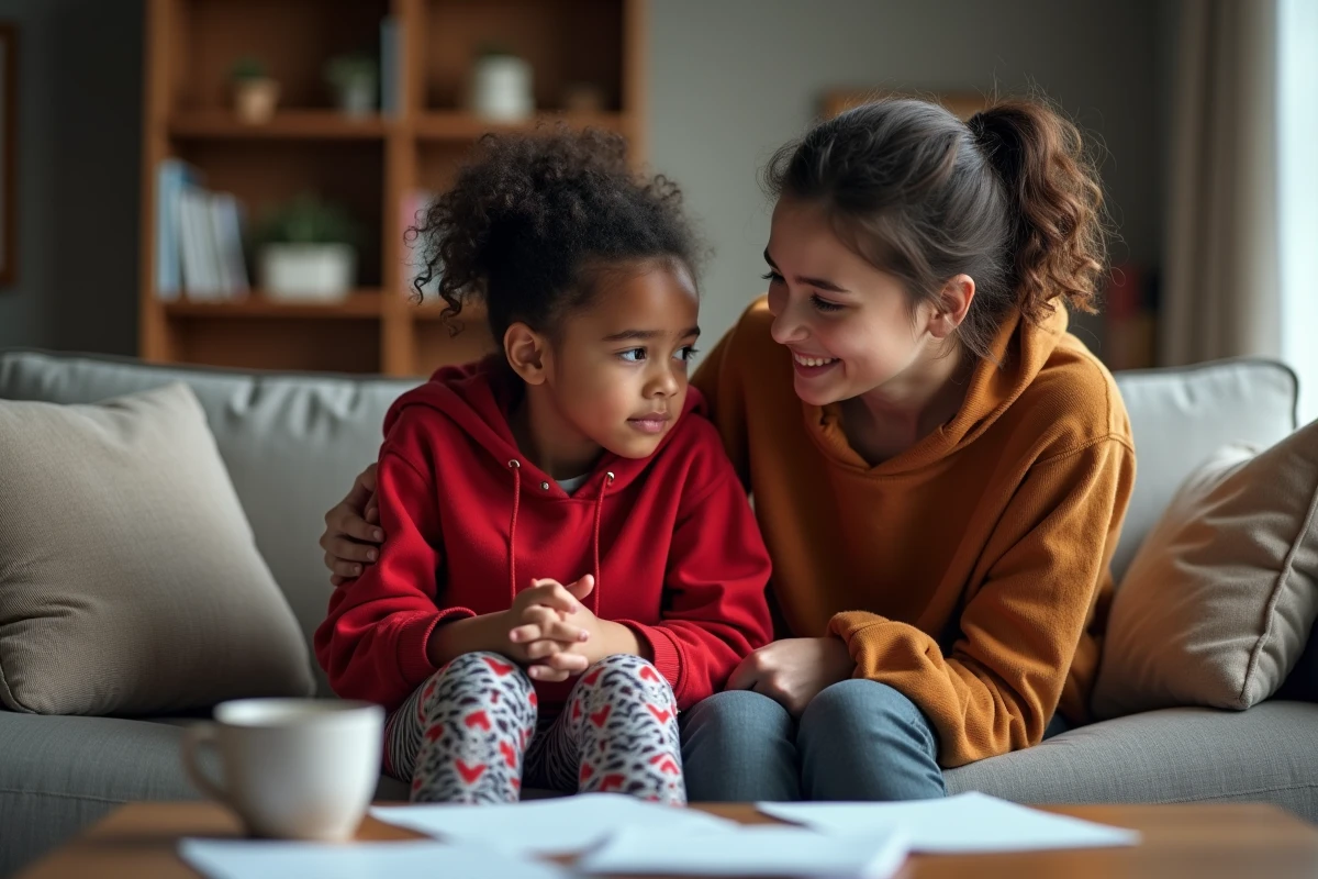Fille de 10 ans avec sa mère dans le salon