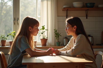 Fille adolescente et sa mère discutent dans la cuisine