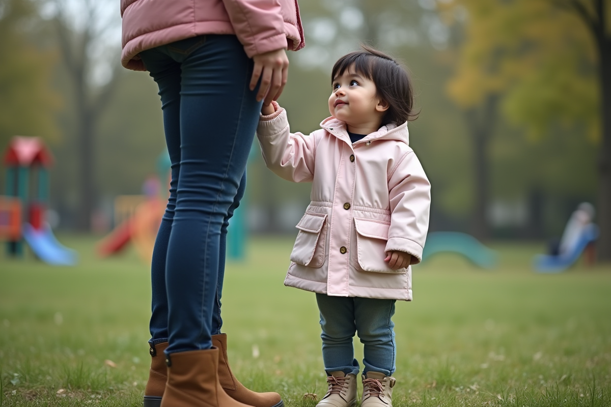 Fille de 20 mois debout près de sa mère dans un parc