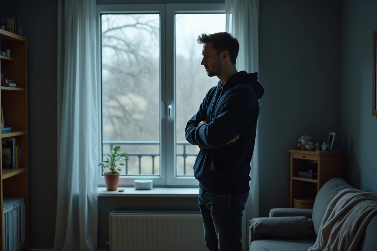 Jeune homme adulte debout près d'une fenêtre pluvieuse, bras croisés, regard perdu au dehors, illustrant la distance émotionnelle entre un fils adulte et sa mère