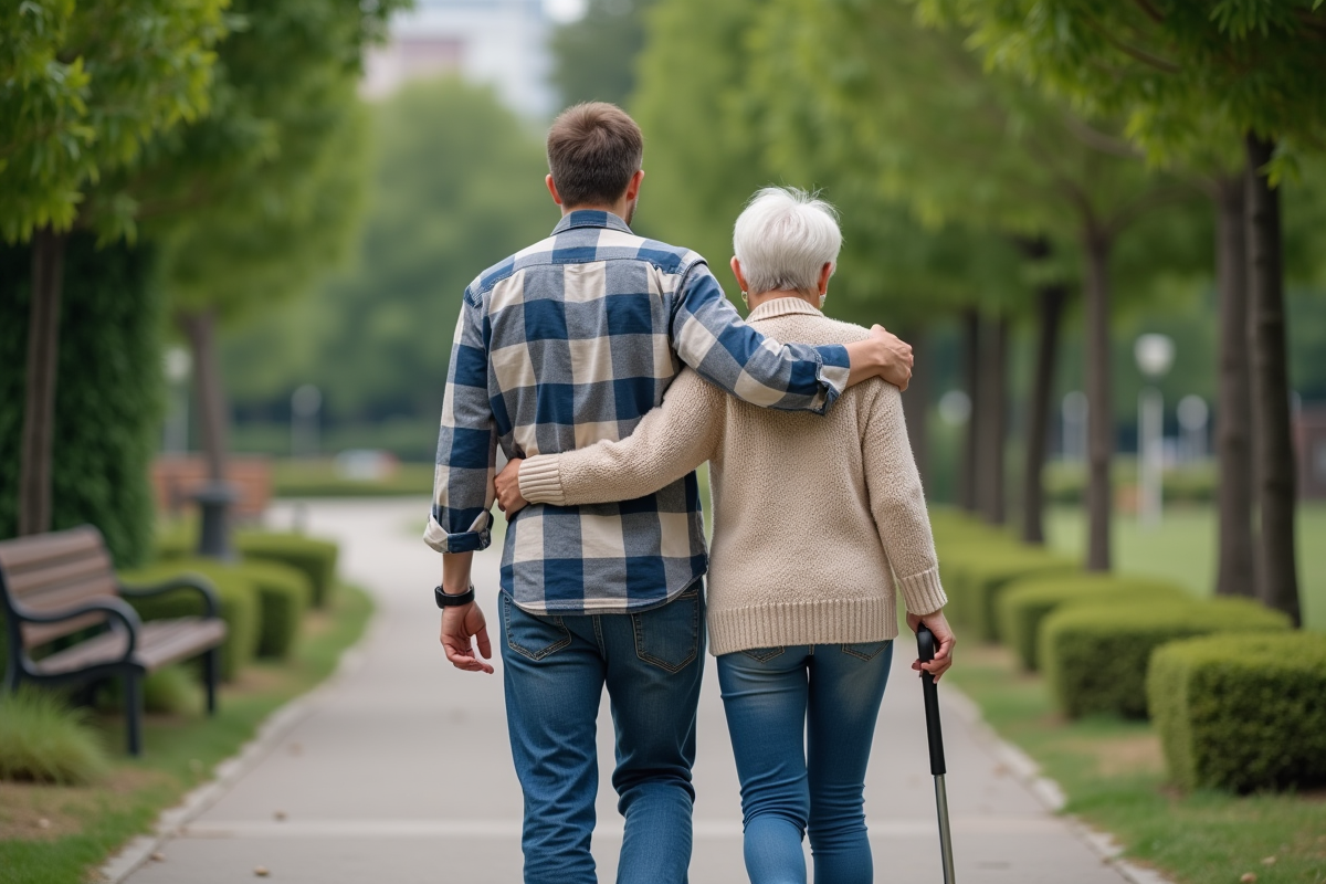 Jeune homme aidant sa mère dans un parc en plein air