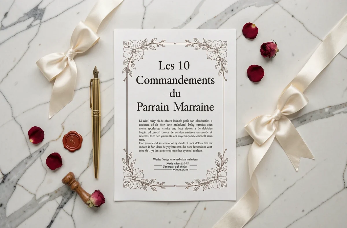 Mise en scène flat lay d'un document imprimé des commandements de parrain et marraine avec accessoires de personnalisation élégants