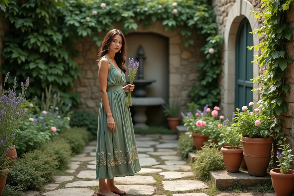 Femme sereine dans un jardin privé verdoyant entouré de murs de pierre tenant des fleurs de lavande, symbolisant le secret et la préservation de l'intimité dans la vie personnelle