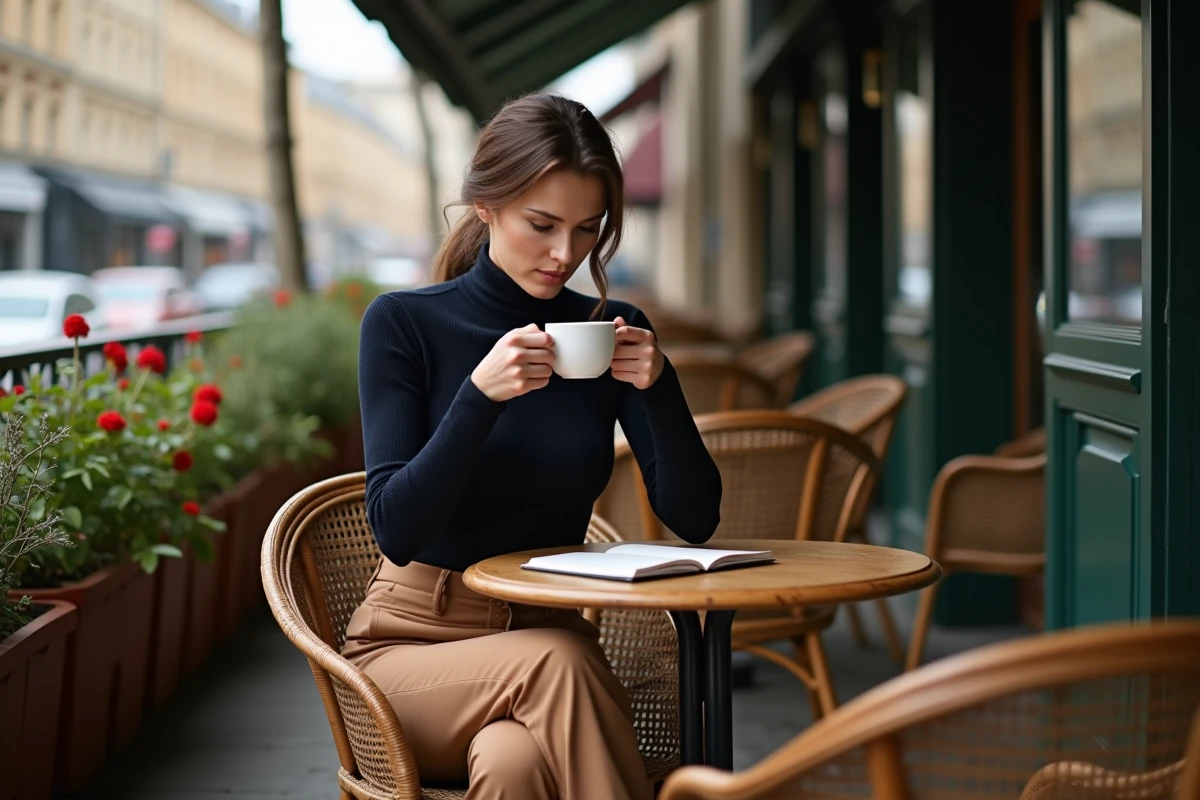 Femme posée et pensive attablée seule en terrasse de café parisien avec un carnet fermé, évoquant l'intimité et le secret de la vie personnelle d'une célébrité