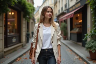 Femme française élégante marchant discrètement dans une rue pavée parisienne, illustrant la vie privée et l'intimité préservée d'une personnalité publique