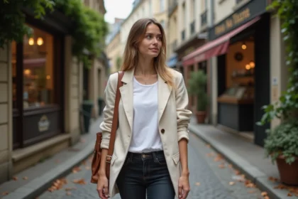 Femme française élégante marchant discrètement dans une rue pavée parisienne, illustrant la vie privée et l'intimité préservée d'une personnalité publique