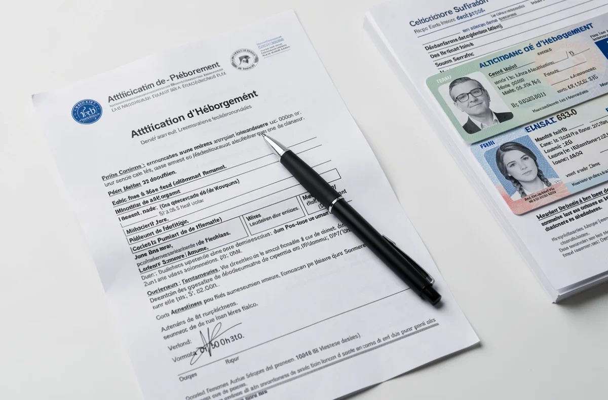 Vue de dessus d'un formulaire d'attestation d'hébergement avec pièces justificatives et stylo sur un bureau