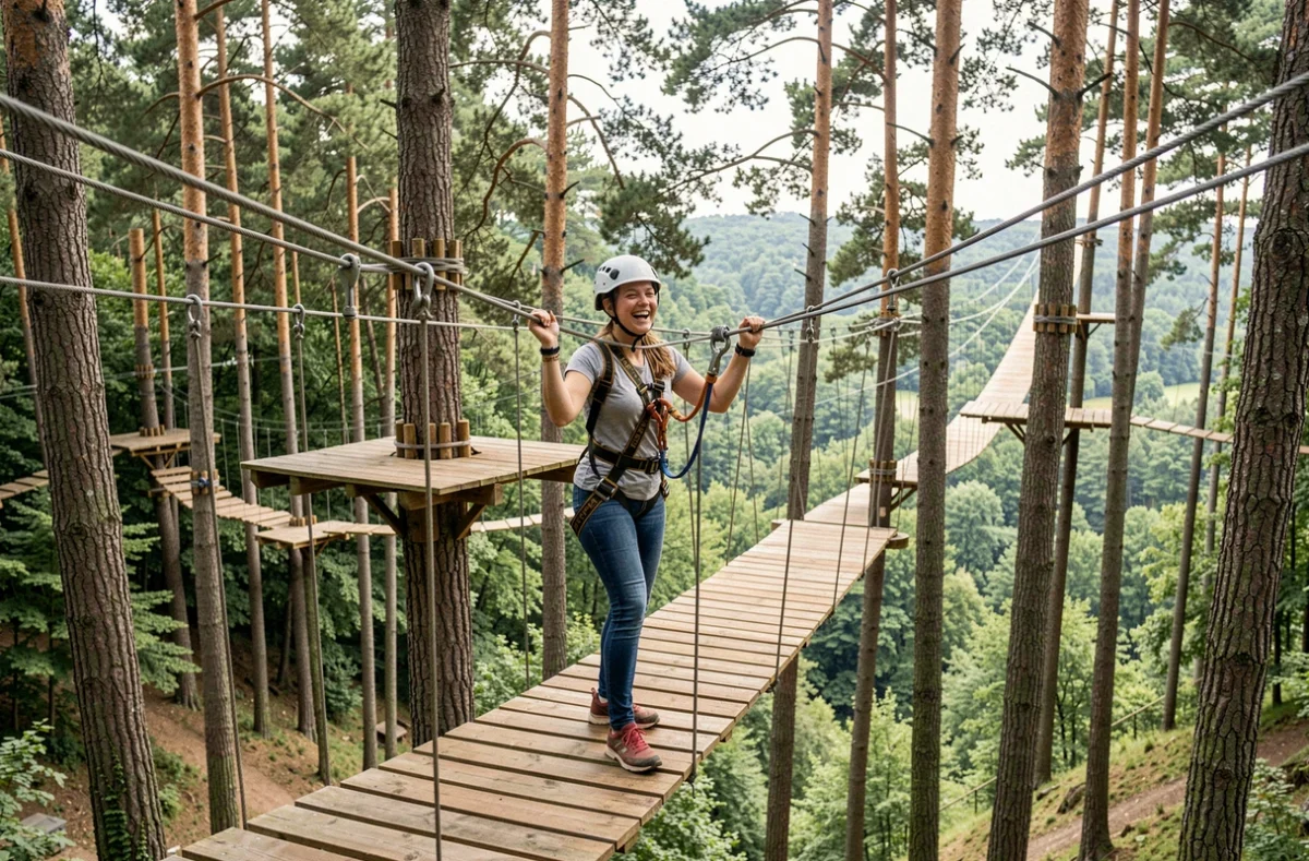 Jeune femme en harnais traversant un pont de corde dans les arbres au parc France Aventures Amnéville en Moselle