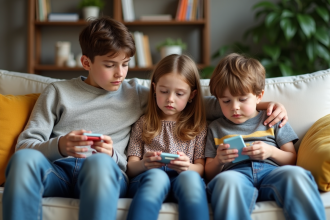 Trois frères et sœurs assis sur un canapé dans le salon