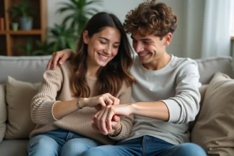 Frère et sœur souriants montrant leurs tatouages minimalistes dans un salon moderne