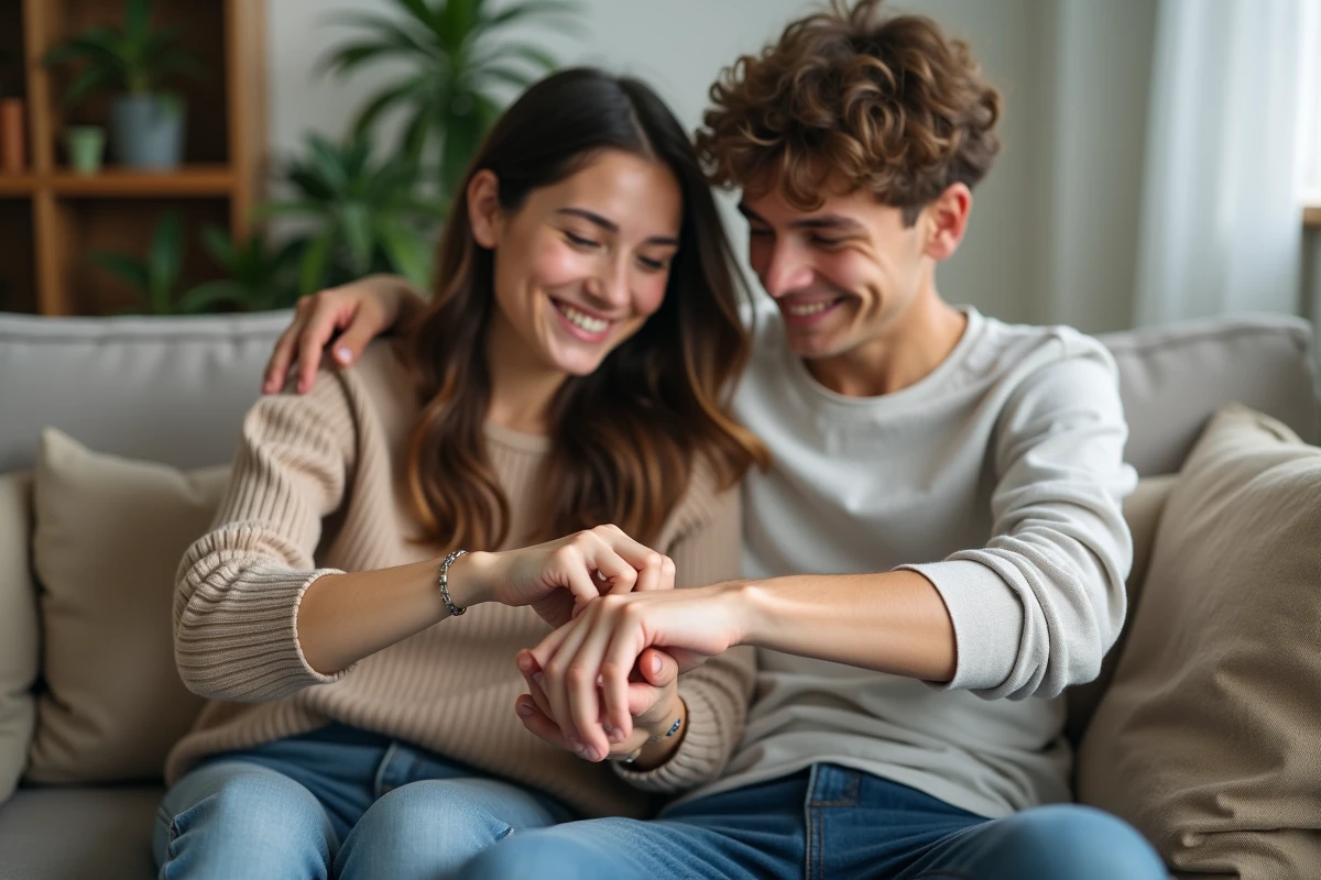 Frère et sœur souriants montrant leurs tatouages minimalistes dans un salon moderne