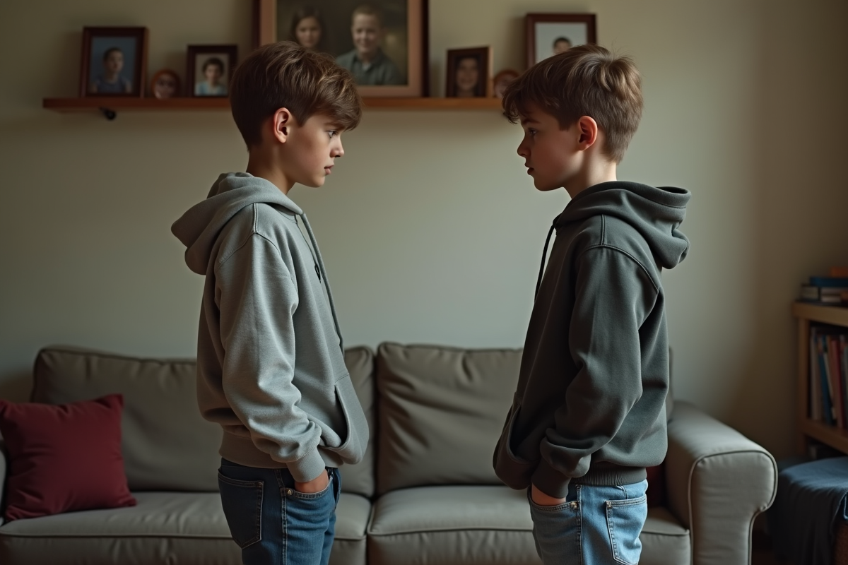 Deux adolescents frères dans un salon tendu