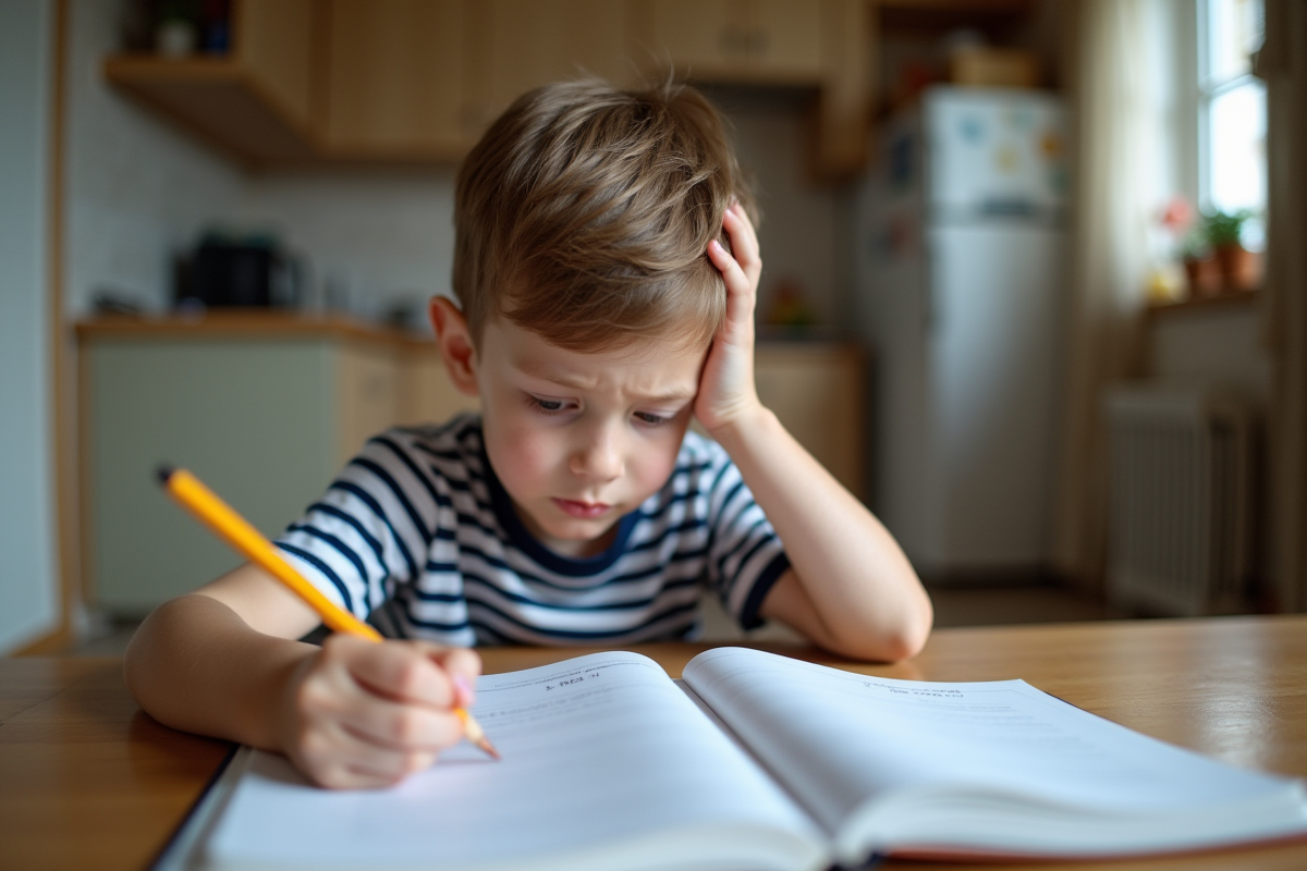Garçon de 7 ans concentré à faire ses devoirs à la maison