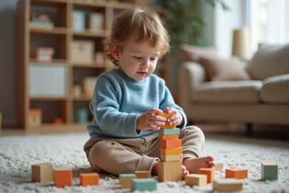 Garçon de deux ans jouant avec des blocs en bois dans un salon