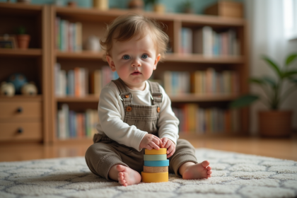 Garçon de 20 mois assis sur un tapis coloré et doux
