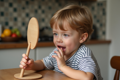 Garçon de 4 ans regardant son reflet dans un miroir