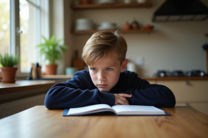 Garçon de neuf ans fatigué à la maison avec cahier