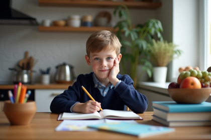 Garçon de 10 ans en intérieur lisant à la table