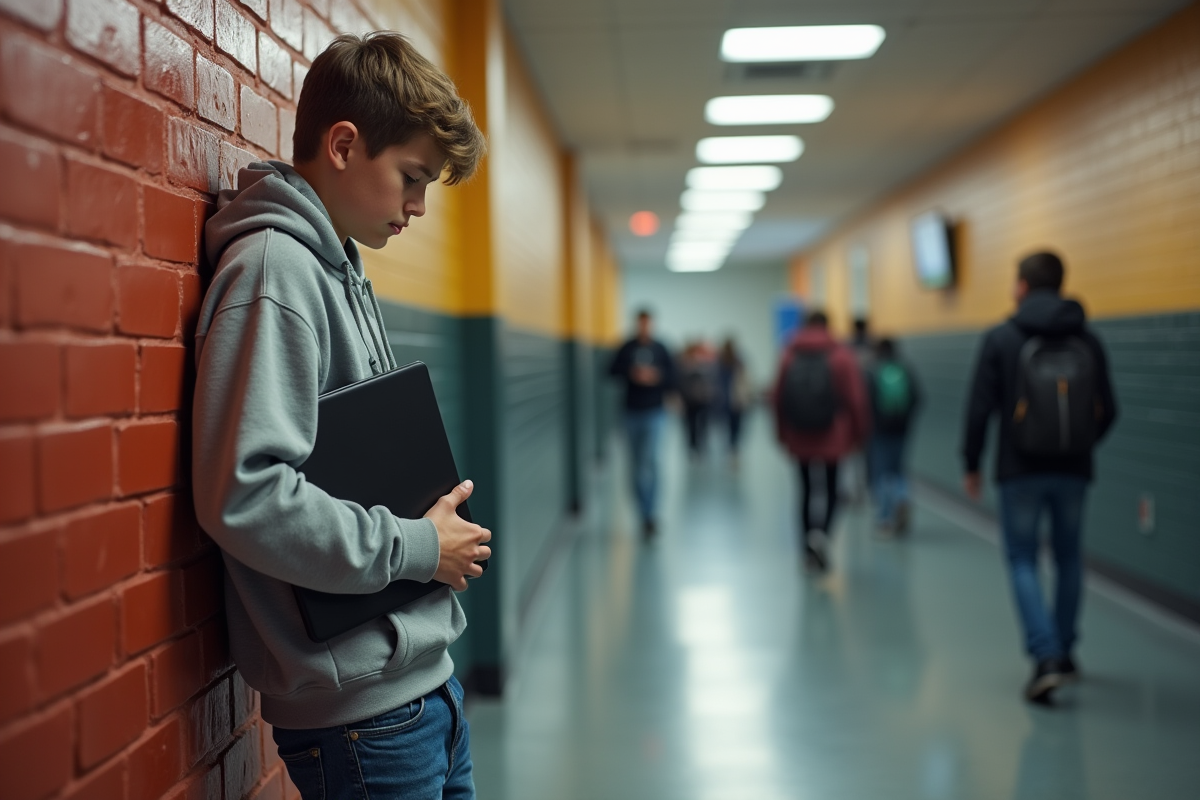 Garçon au lycée tenant un ordinateur portable dans le couloir