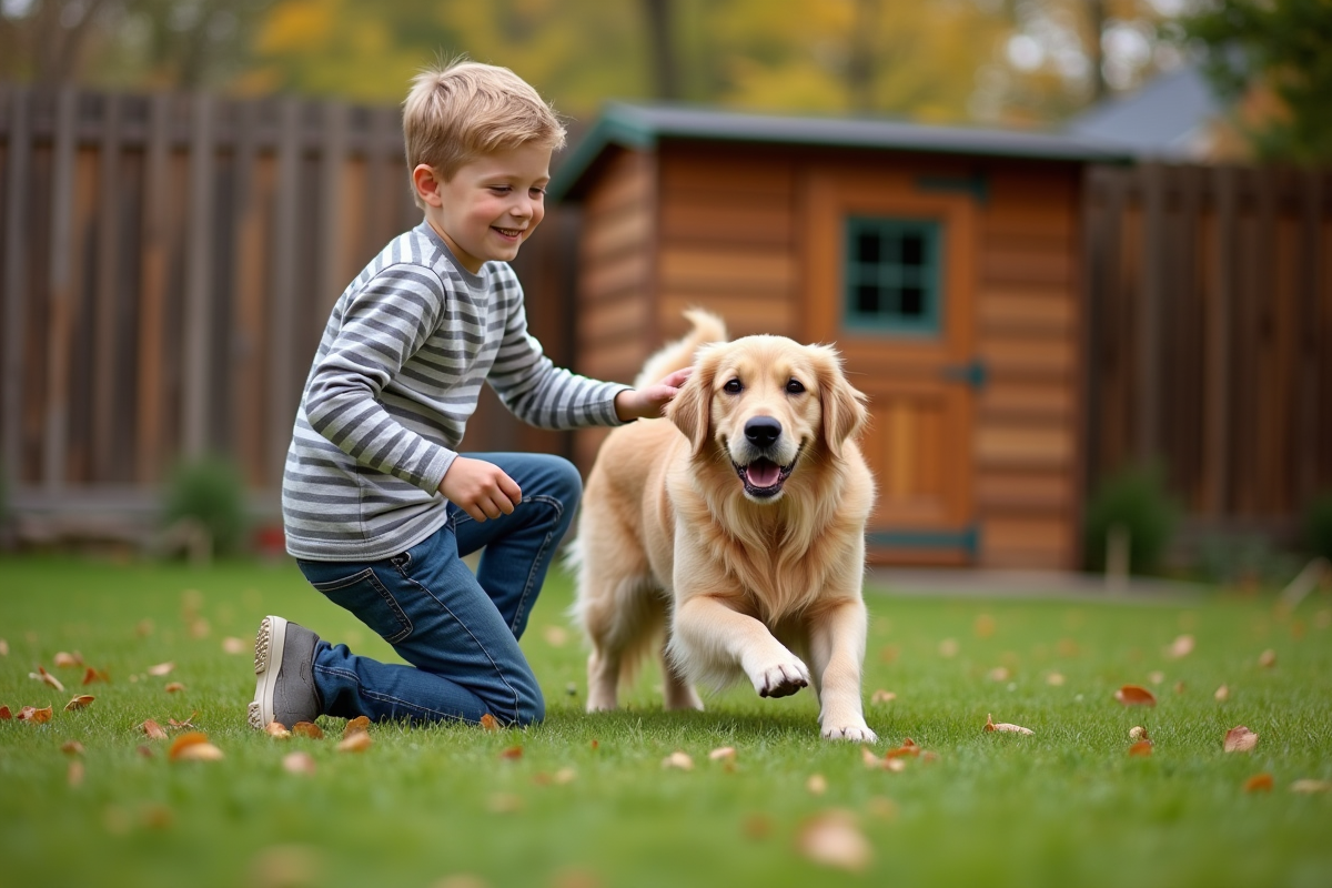 Garçon jouant avec son chien dans le jardin en automne