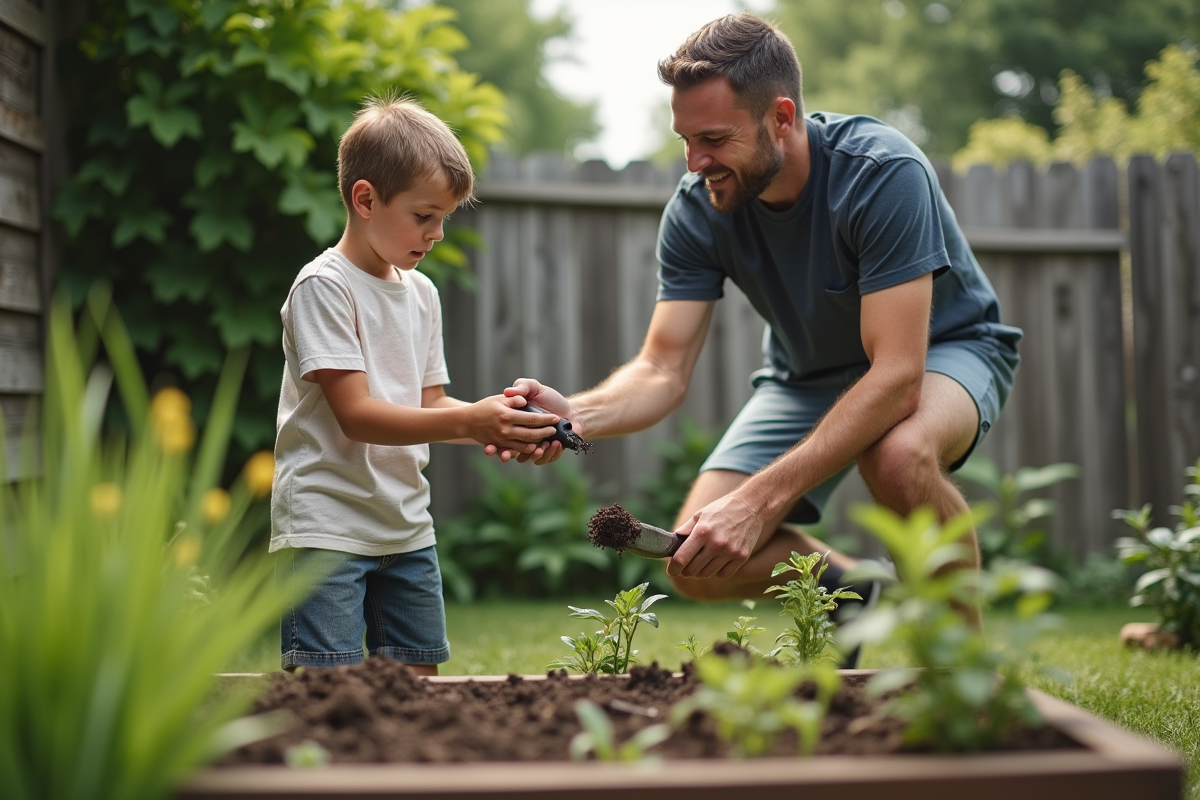 Garçon passant des outils de jardinage à son père dans le jardin