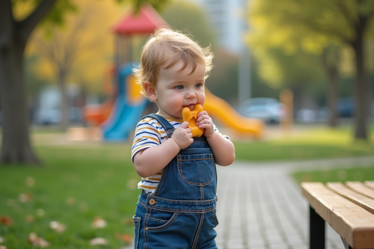 Garçon en salopette mordant un tétine en plein parc